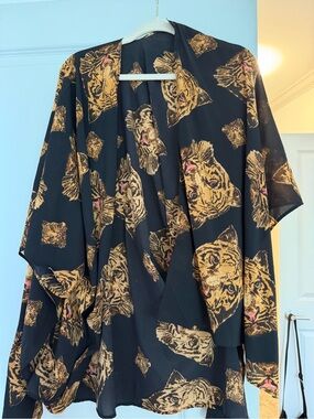 LF Black Tiger Print Kimono Top with Gold Accents